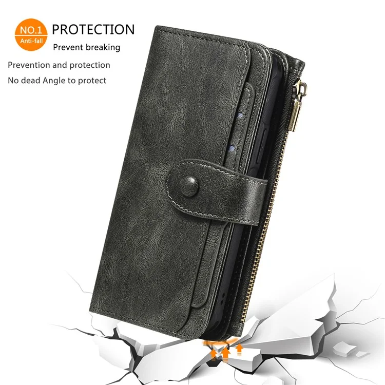 For iPhone 15 Magnetic Case Detachable PU Leather Zipper Wallet Cover - Blackish Green