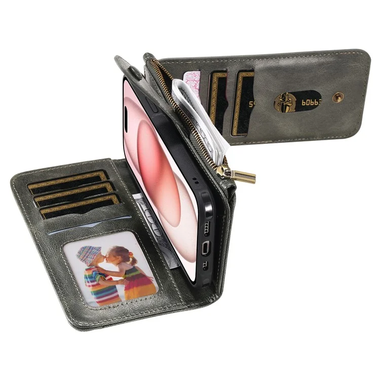 For iPhone 15 Magnetic Case Detachable PU Leather Zipper Wallet Cover - Blackish Green