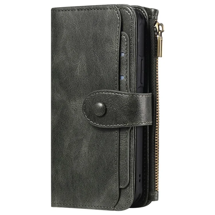 For iPhone 15 Magnetic Case Detachable PU Leather Zipper Wallet Cover - Blackish Green