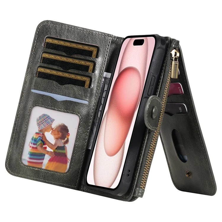 For iPhone 15 Magnetic Case Detachable PU Leather Zipper Wallet Cover - Blackish Green