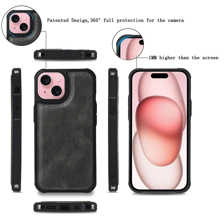 For iPhone 15 Magnetic Case Detachable PU Leather Zipper Wallet Cover - Blackish Green