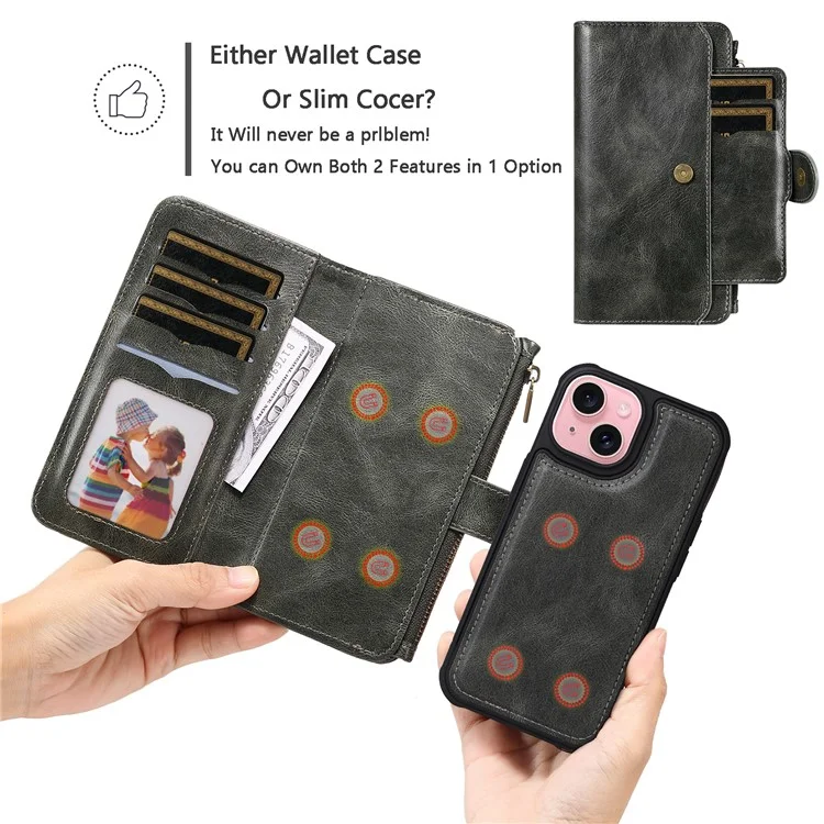 For iPhone 15 Magnetic Case Detachable PU Leather Zipper Wallet Cover - Blackish Green