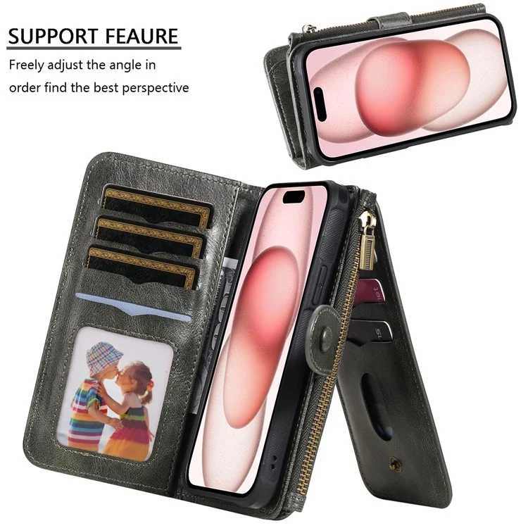 For iPhone 15 Magnetic Case Detachable PU Leather Zipper Wallet Cover - Blackish Green