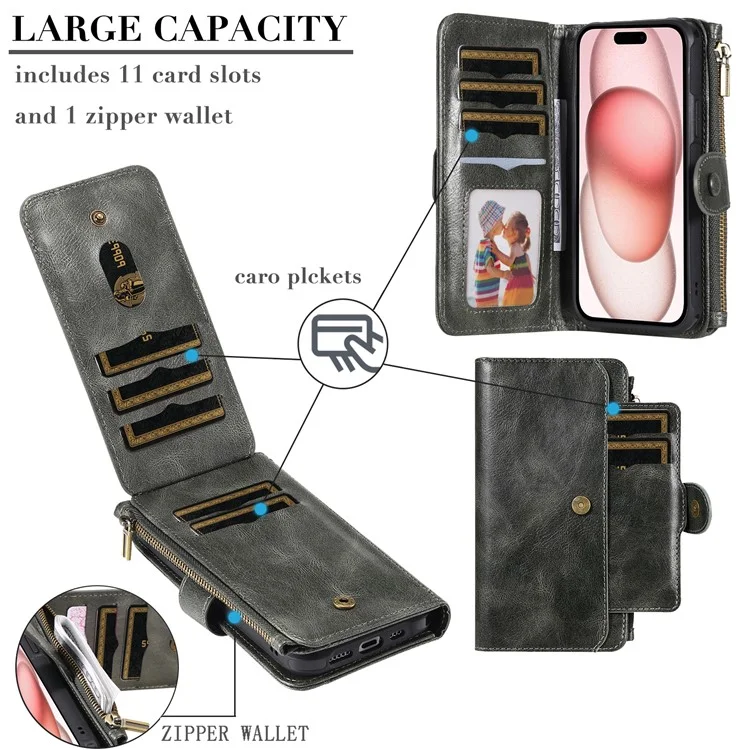 For iPhone 15 Magnetic Case Detachable PU Leather Zipper Wallet Cover - Blackish Green