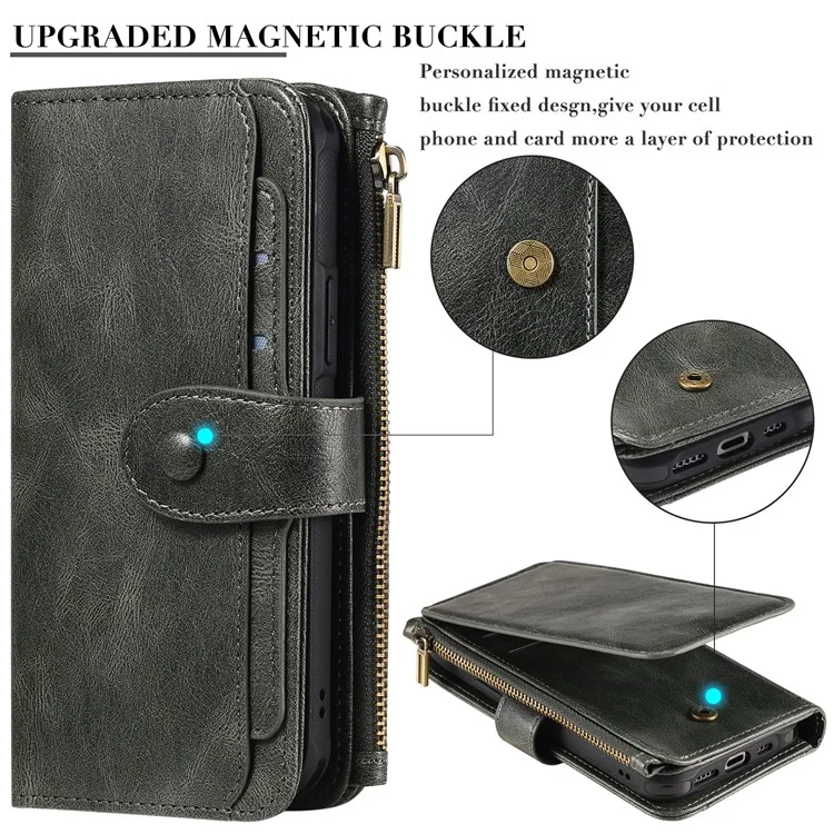 For iPhone 15 Magnetic Case Detachable PU Leather Zipper Wallet Cover - Blackish Green