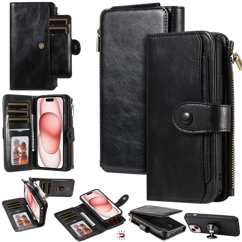 For iPhone 15 Magnetic Case Detachable PU Leather Zipper Wallet Cover - Black
