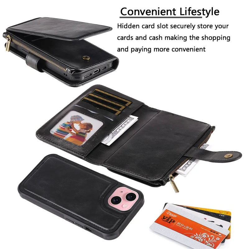 For iPhone 15 Magnetic Case Detachable PU Leather Zipper Wallet Cover - Black