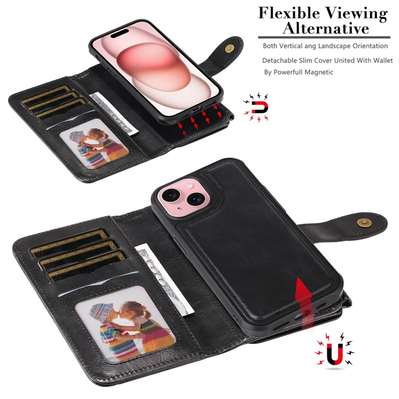For iPhone 15 Magnetic Case Detachable PU Leather Zipper Wallet Cover - Black