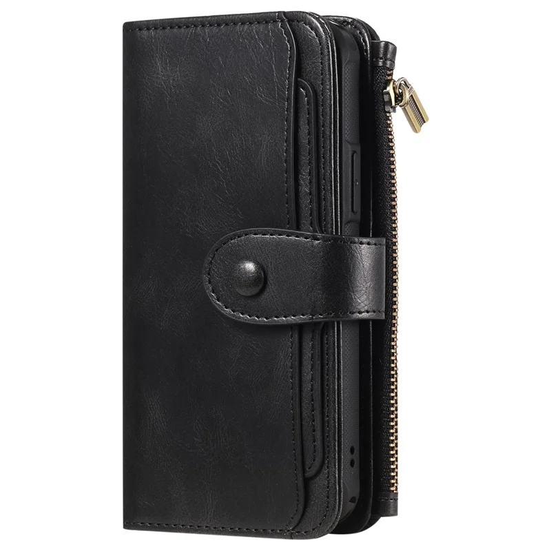 For iPhone 15 Magnetic Case Detachable PU Leather Zipper Wallet Cover - Black