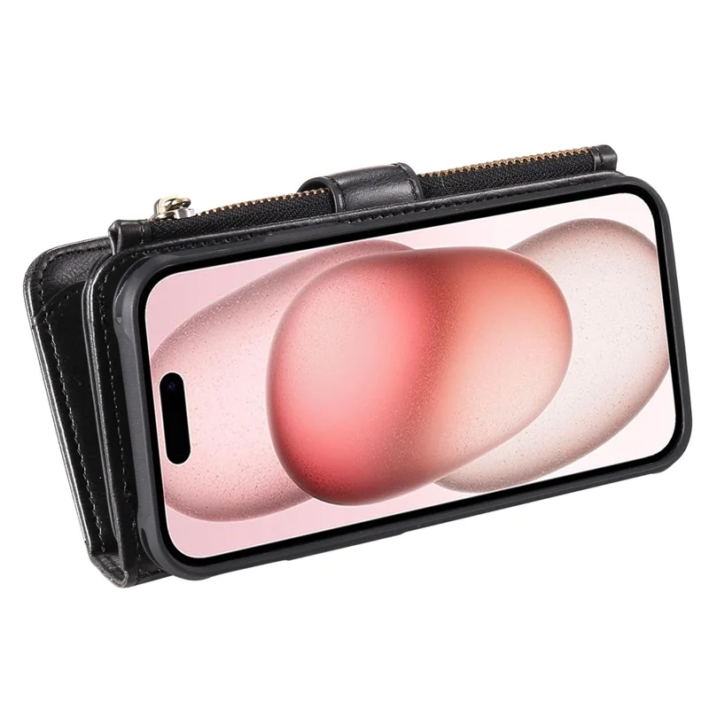 For iPhone 15 Magnetic Case Detachable PU Leather Zipper Wallet Cover - Black