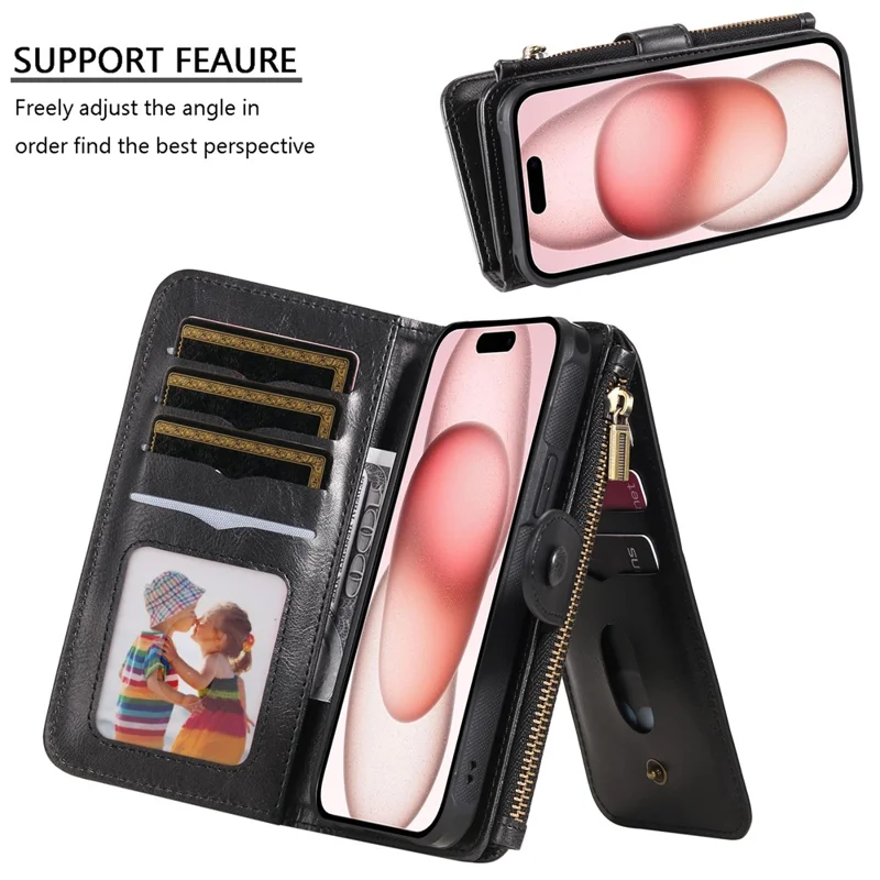 For iPhone 15 Magnetic Case Detachable PU Leather Zipper Wallet Cover - Black