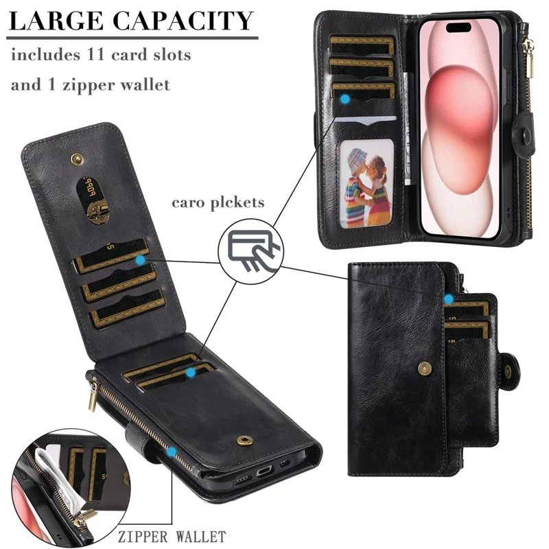 For iPhone 15 Magnetic Case Detachable PU Leather Zipper Wallet Cover - Black