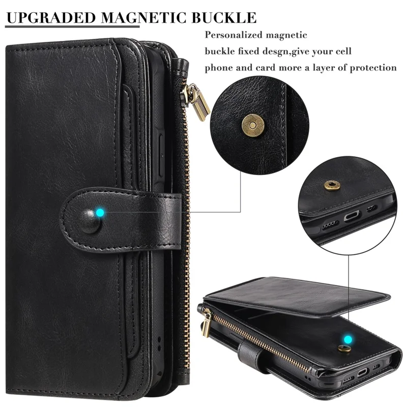 For iPhone 15 Magnetic Case Detachable PU Leather Zipper Wallet Cover - Black