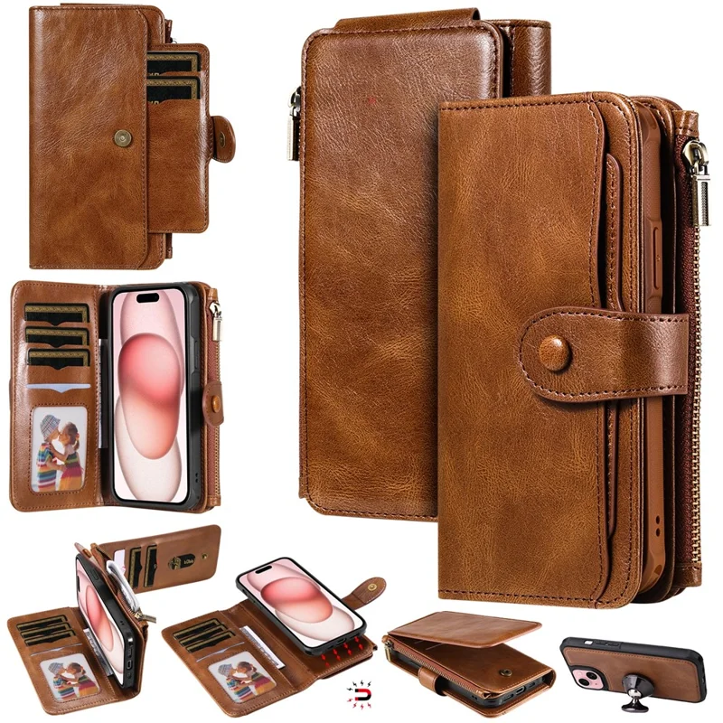 For iPhone 15 Magnetic Case Detachable PU Leather Zipper Wallet Cover - Brown