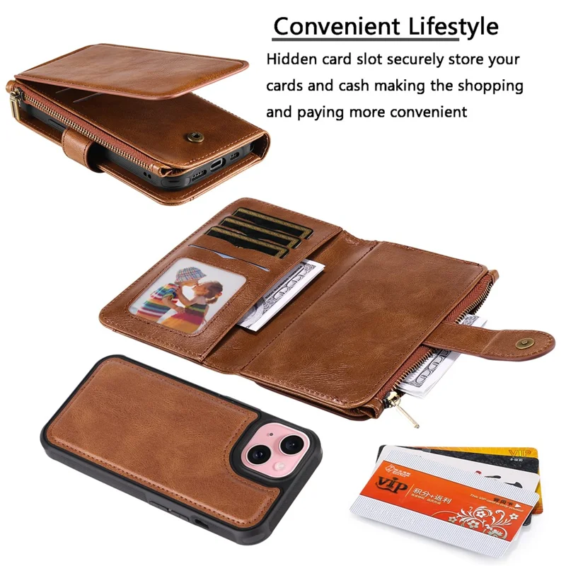 For iPhone 15 Magnetic Case Detachable PU Leather Zipper Wallet Cover - Brown