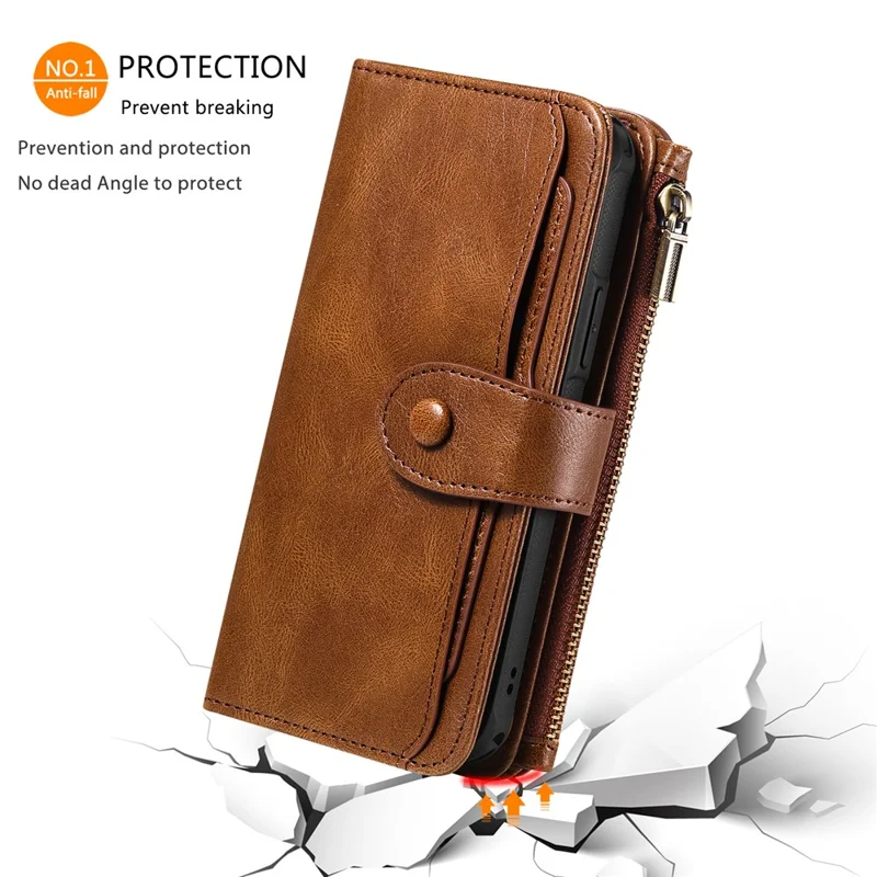 For iPhone 15 Magnetic Case Detachable PU Leather Zipper Wallet Cover - Brown
