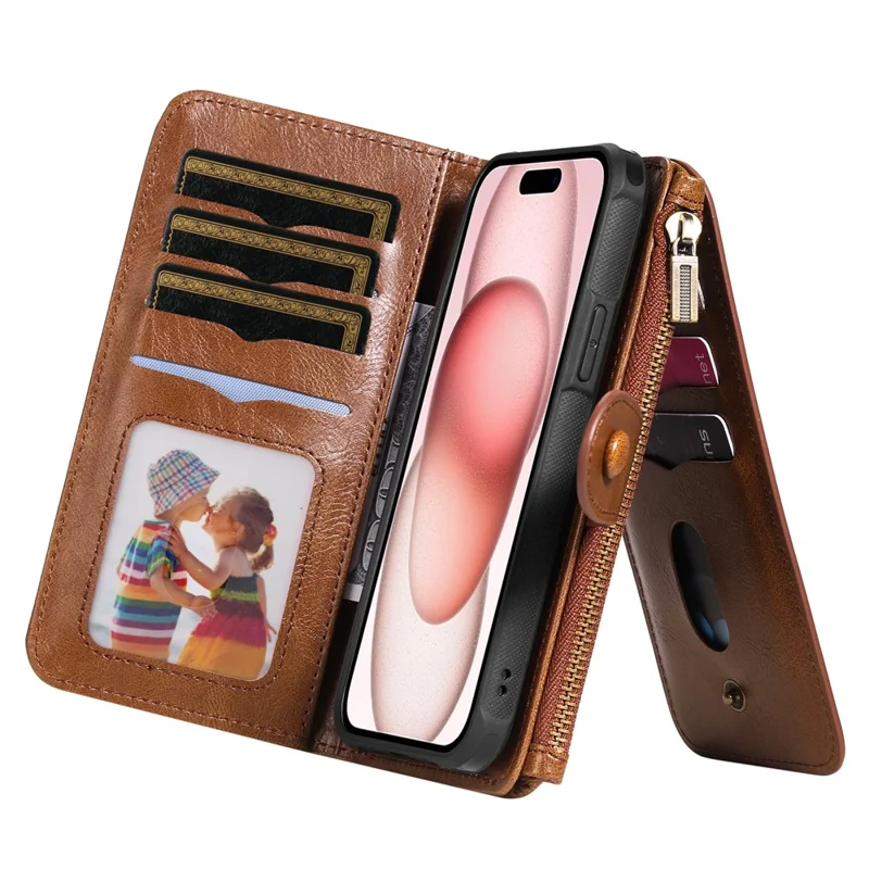 For iPhone 15 Magnetic Case Detachable PU Leather Zipper Wallet Cover - Brown