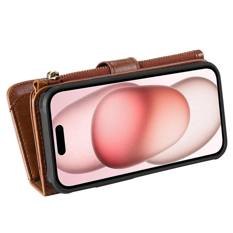 For iPhone 15 Magnetic Case Detachable PU Leather Zipper Wallet Cover - Brown