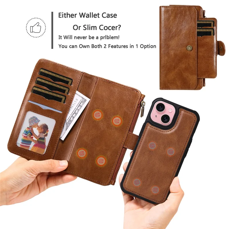 For iPhone 15 Magnetic Case Detachable PU Leather Zipper Wallet Cover - Brown