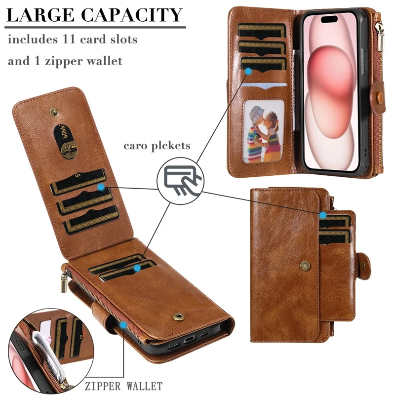 For iPhone 15 Magnetic Case Detachable PU Leather Zipper Wallet Cover - Brown