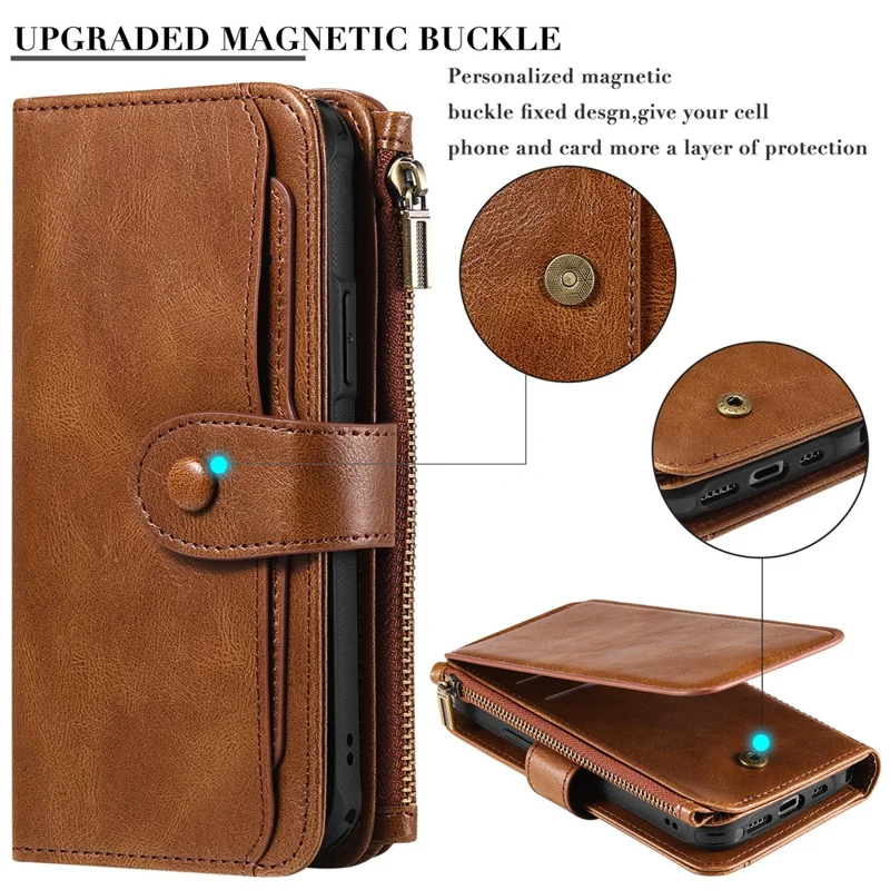 For iPhone 15 Magnetic Case Detachable PU Leather Zipper Wallet Cover - Brown