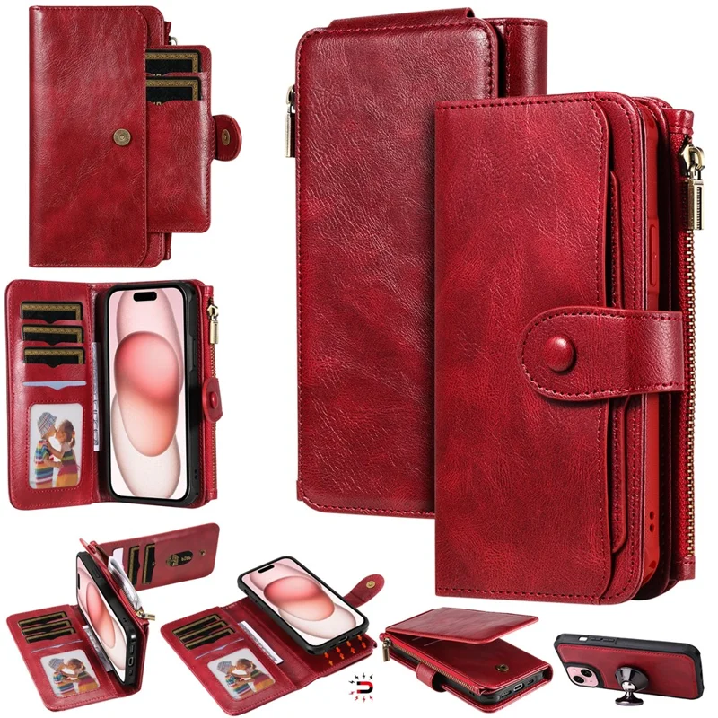 For iPhone 15 Magnetic Case Detachable PU Leather Zipper Wallet Cover - Red
