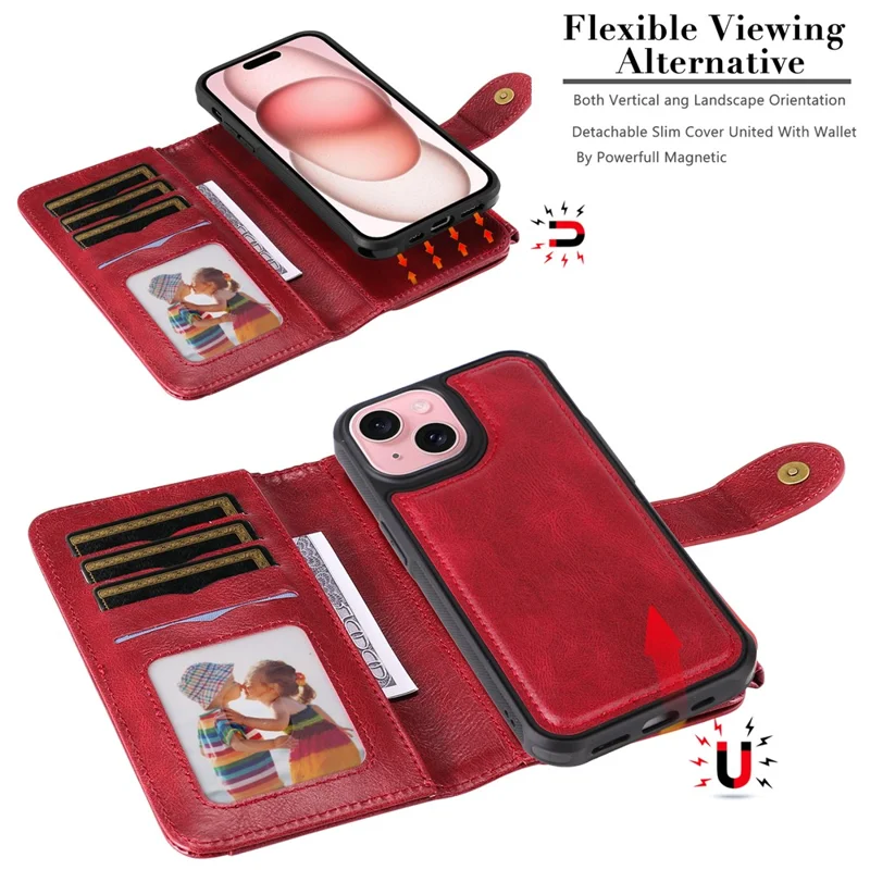 For iPhone 15 Magnetic Case Detachable PU Leather Zipper Wallet Cover - Red