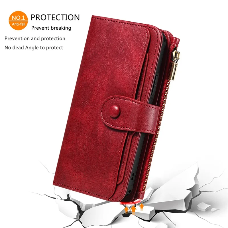 For iPhone 15 Magnetic Case Detachable PU Leather Zipper Wallet Cover - Red