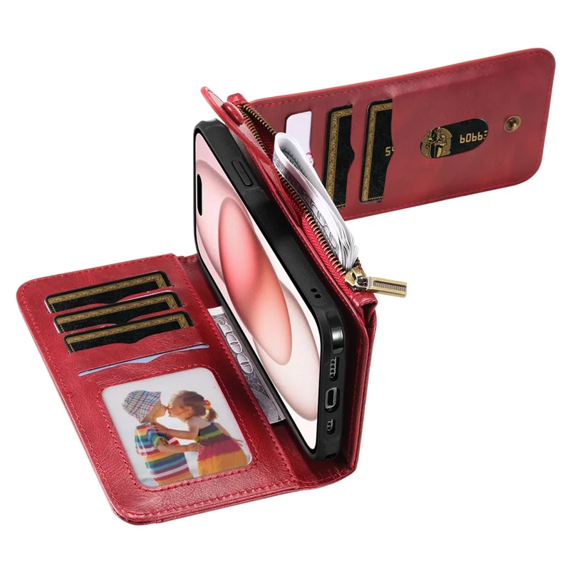 For iPhone 15 Magnetic Case Detachable PU Leather Zipper Wallet Cover - Red
