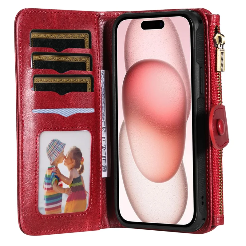 For iPhone 15 Magnetic Case Detachable PU Leather Zipper Wallet Cover - Red