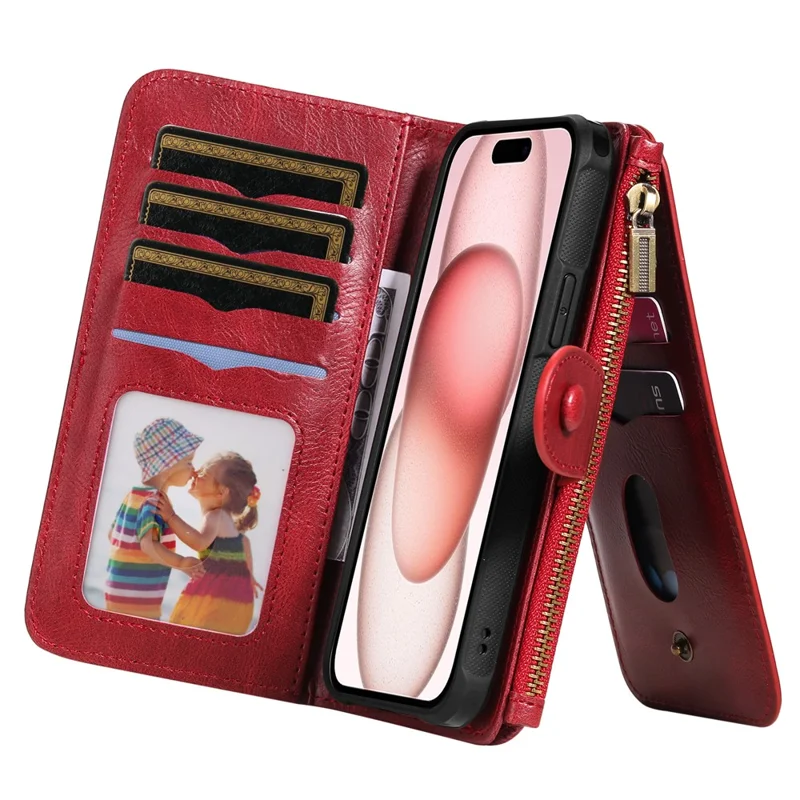 For iPhone 15 Magnetic Case Detachable PU Leather Zipper Wallet Cover - Red