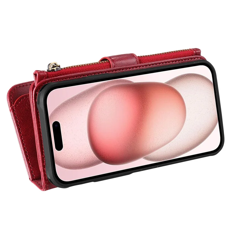 For iPhone 15 Magnetic Case Detachable PU Leather Zipper Wallet Cover - Red