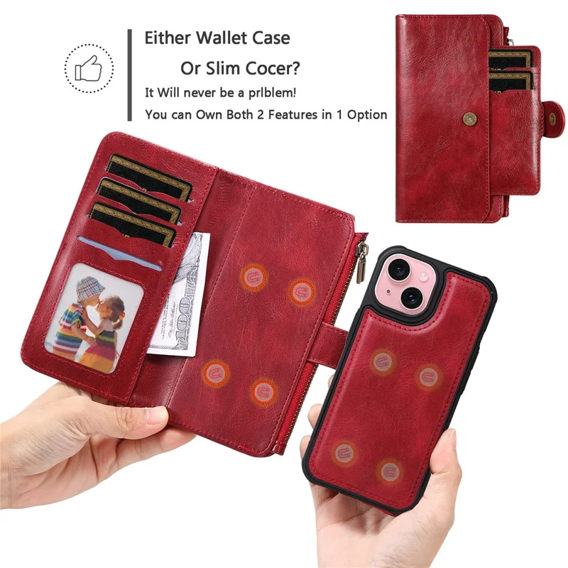 For iPhone 15 Magnetic Case Detachable PU Leather Zipper Wallet Cover - Red