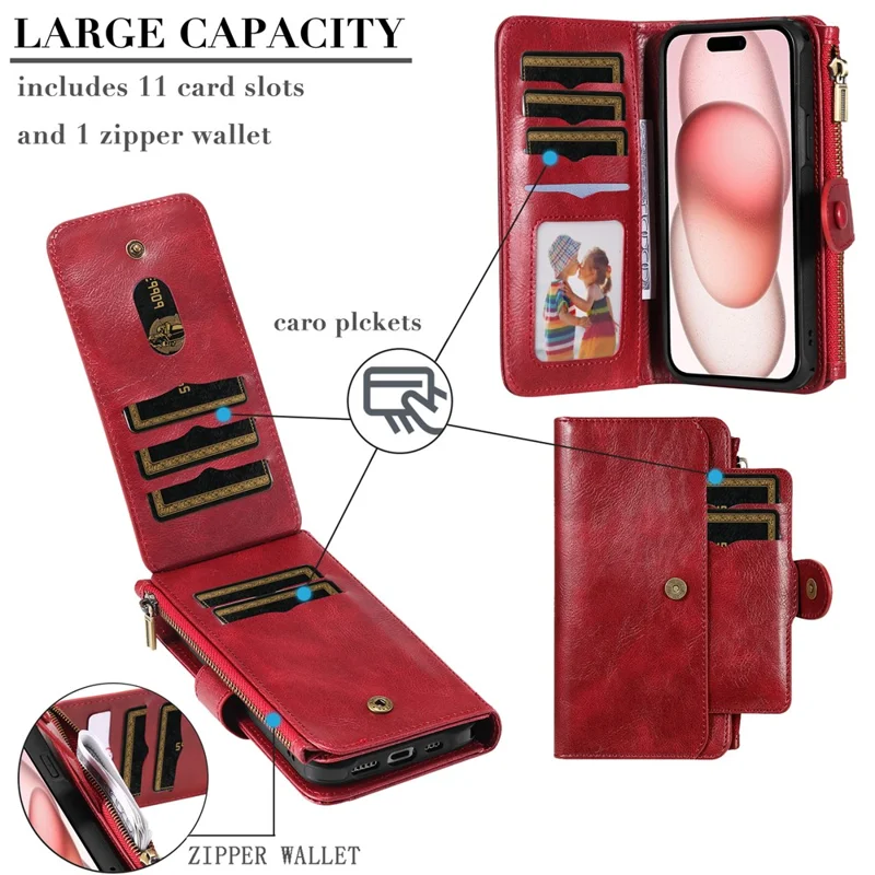 For iPhone 15 Magnetic Case Detachable PU Leather Zipper Wallet Cover - Red