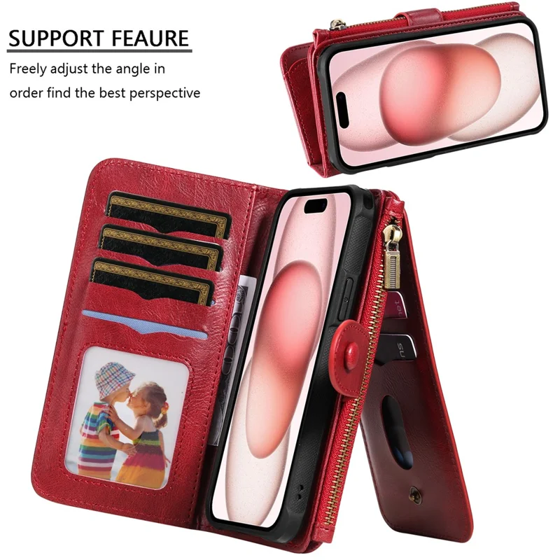 For iPhone 15 Magnetic Case Detachable PU Leather Zipper Wallet Cover - Red