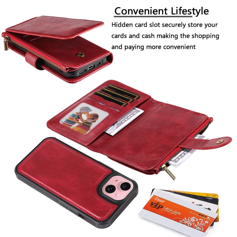 For iPhone 15 Magnetic Case Detachable PU Leather Zipper Wallet Cover - Red
