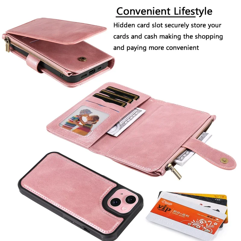For iPhone 15 Magnetic Case Detachable PU Leather Zipper Wallet Cover - Rose Gold