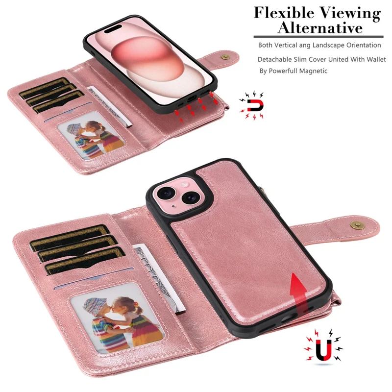 For iPhone 15 Magnetic Case Detachable PU Leather Zipper Wallet Cover - Rose Gold