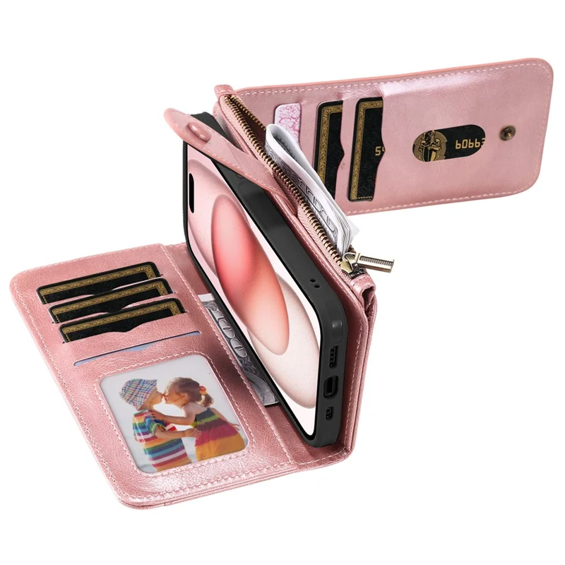 For iPhone 15 Magnetic Case Detachable PU Leather Zipper Wallet Cover - Rose Gold