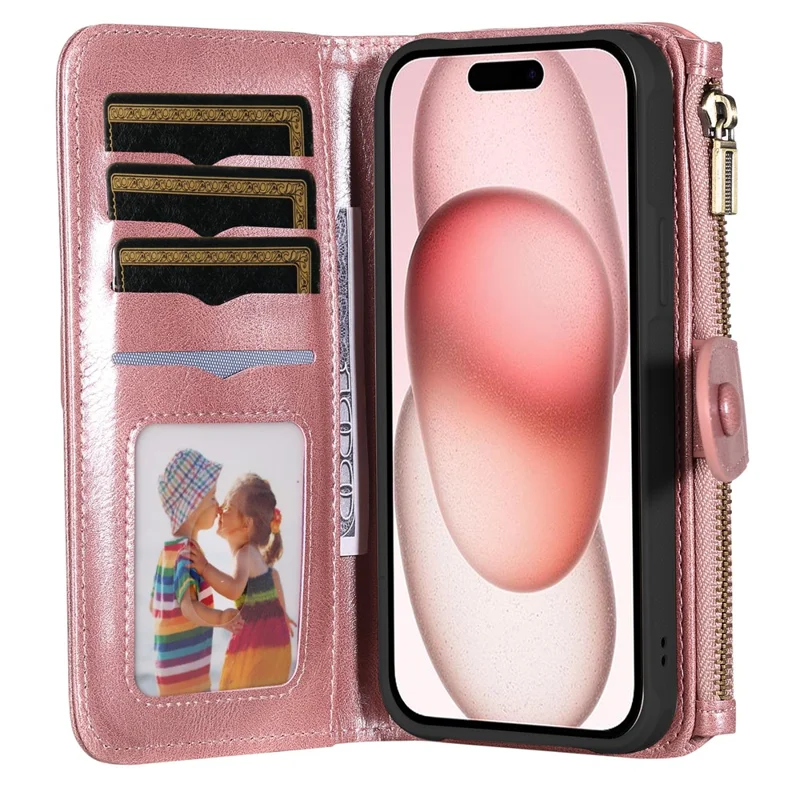 For iPhone 15 Magnetic Case Detachable PU Leather Zipper Wallet Cover - Rose Gold