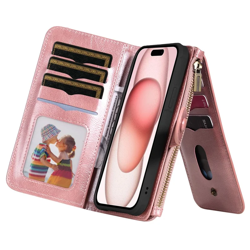 For iPhone 15 Magnetic Case Detachable PU Leather Zipper Wallet Cover - Rose Gold