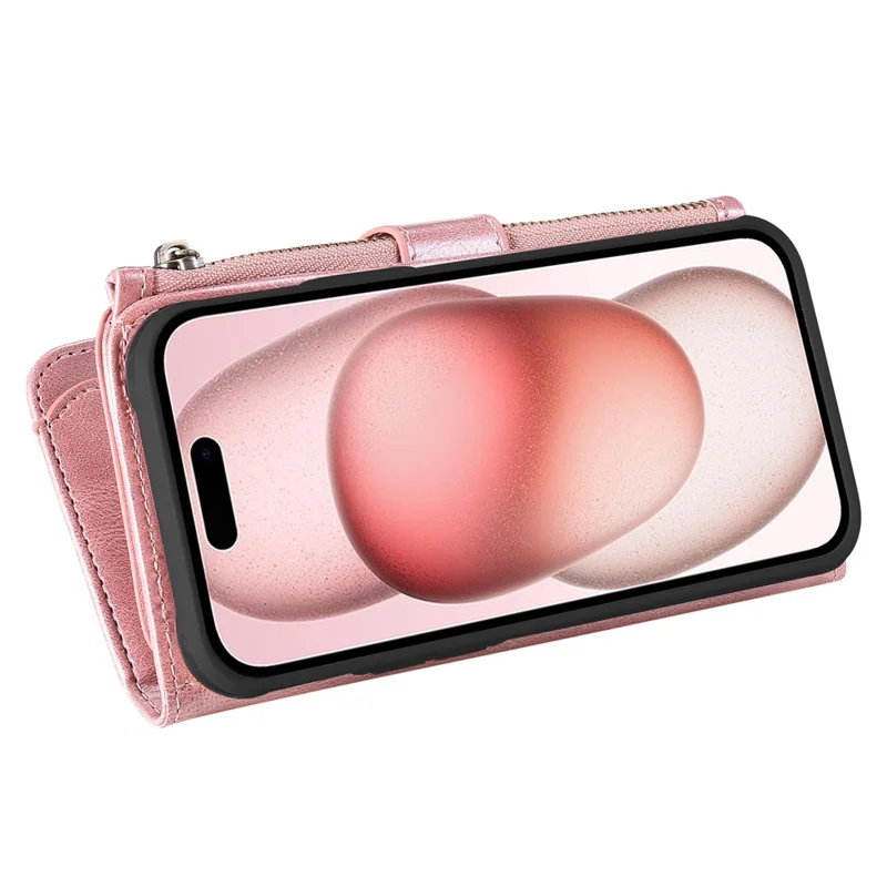 For iPhone 15 Magnetic Case Detachable PU Leather Zipper Wallet Cover - Rose Gold