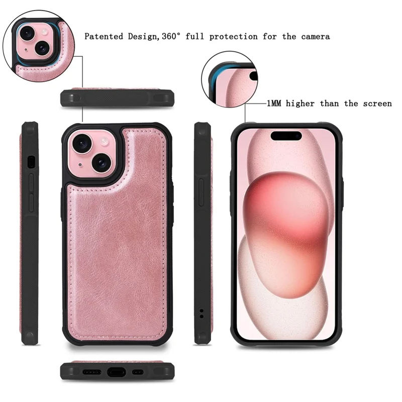For iPhone 15 Magnetic Case Detachable PU Leather Zipper Wallet Cover - Rose Gold