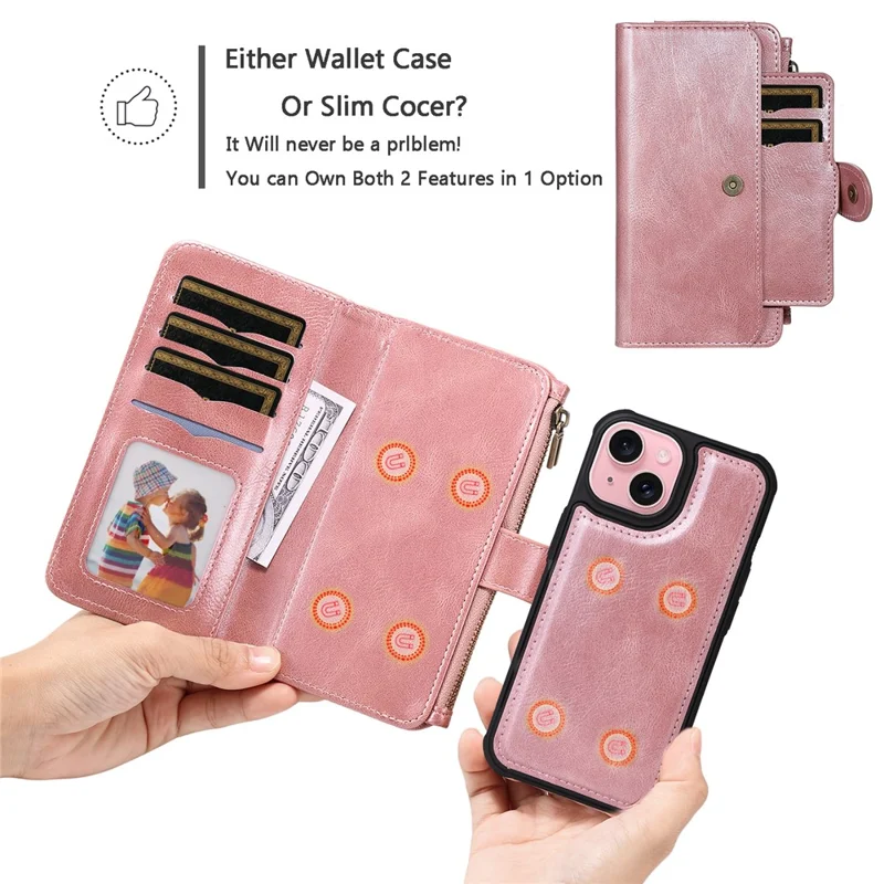 For iPhone 15 Magnetic Case Detachable PU Leather Zipper Wallet Cover - Rose Gold