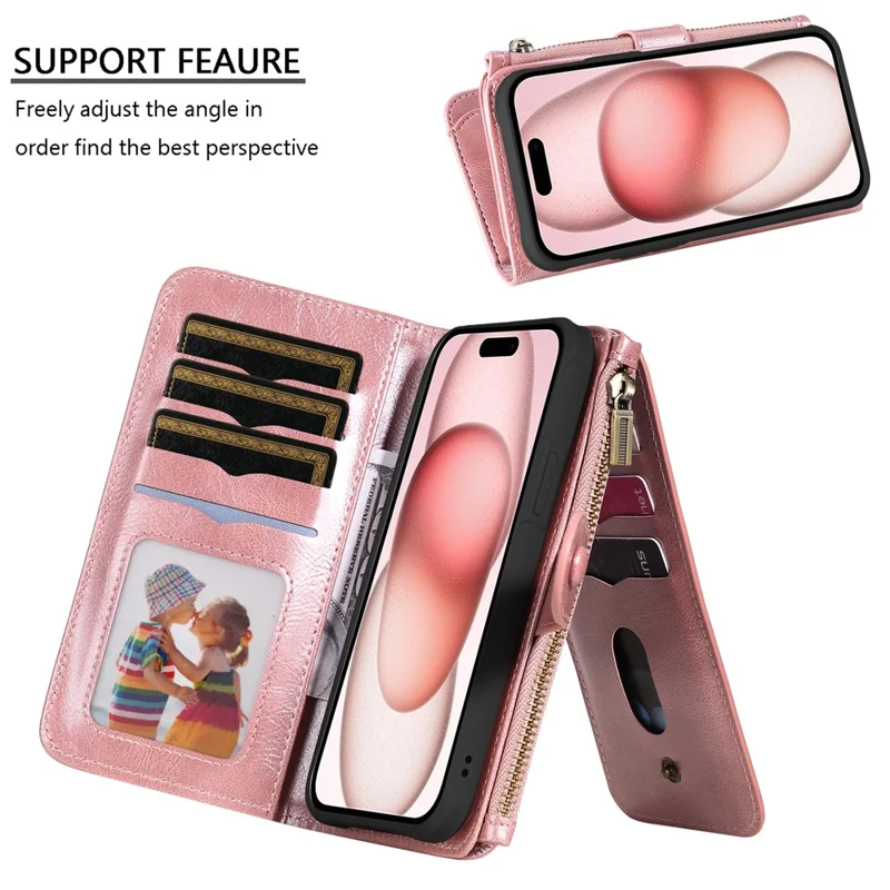 For iPhone 15 Magnetic Case Detachable PU Leather Zipper Wallet Cover - Rose Gold