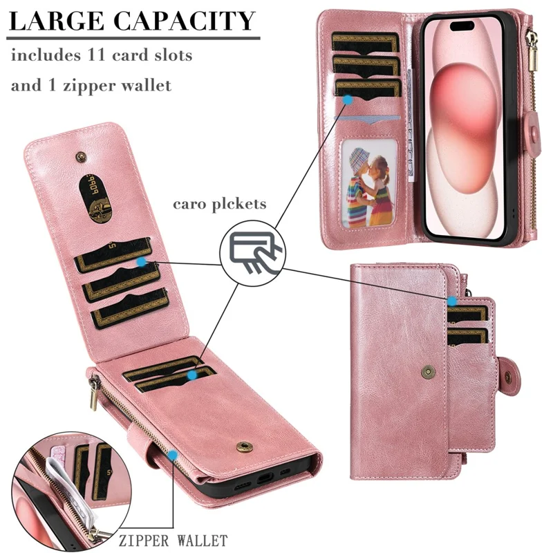 For iPhone 15 Magnetic Case Detachable PU Leather Zipper Wallet Cover - Rose Gold