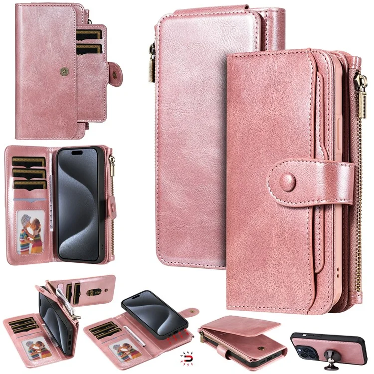 KT Serie Multifuncional-3 para iPhone 15 Pro Funda Magnética Desmontable Flip Funda de Cuero PU con Bolsillo con Cremallera - Oro Rosa