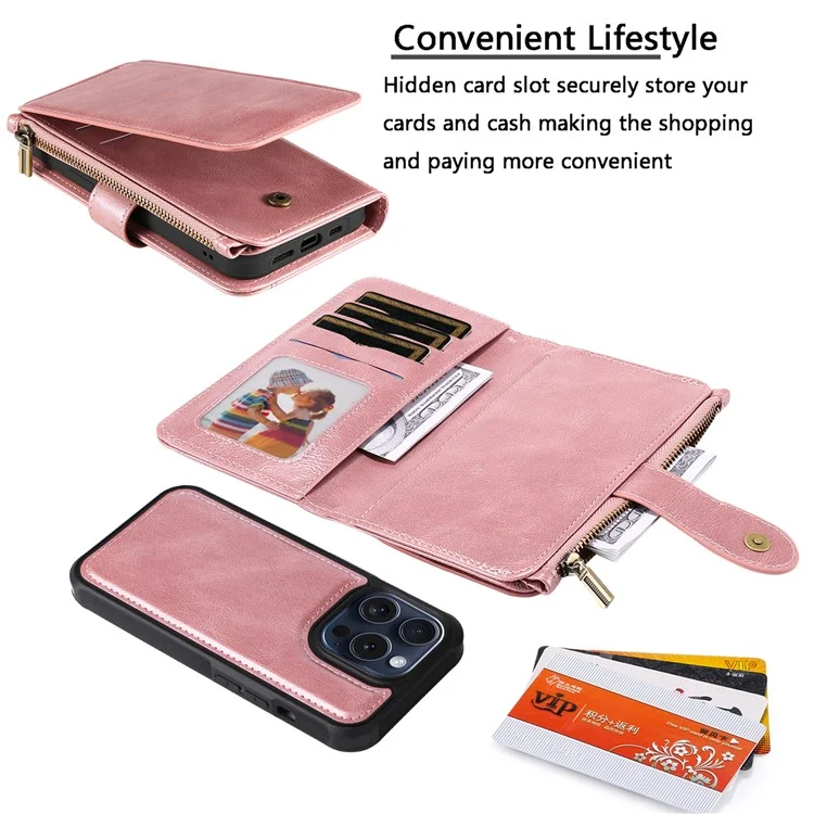 KT Serie Multifuncional-3 para iPhone 15 Pro Funda Magnética Desmontable Flip Funda de Cuero PU con Bolsillo con Cremallera - Oro Rosa