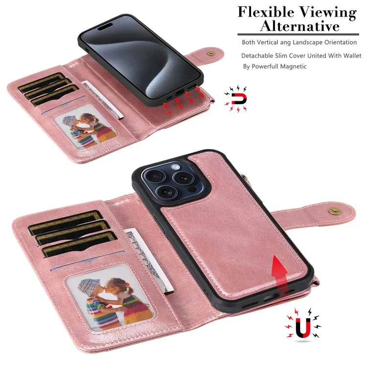 KT Serie Multifuncional-3 para iPhone 15 Pro Funda Magnética Desmontable Flip Funda de Cuero PU con Bolsillo con Cremallera - Oro Rosa
