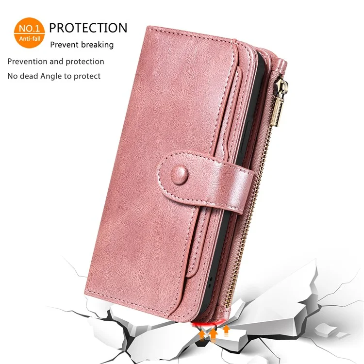 KT Serie Multifuncional-3 para iPhone 15 Pro Funda Magnética Desmontable Flip Funda de Cuero PU con Bolsillo con Cremallera - Oro Rosa